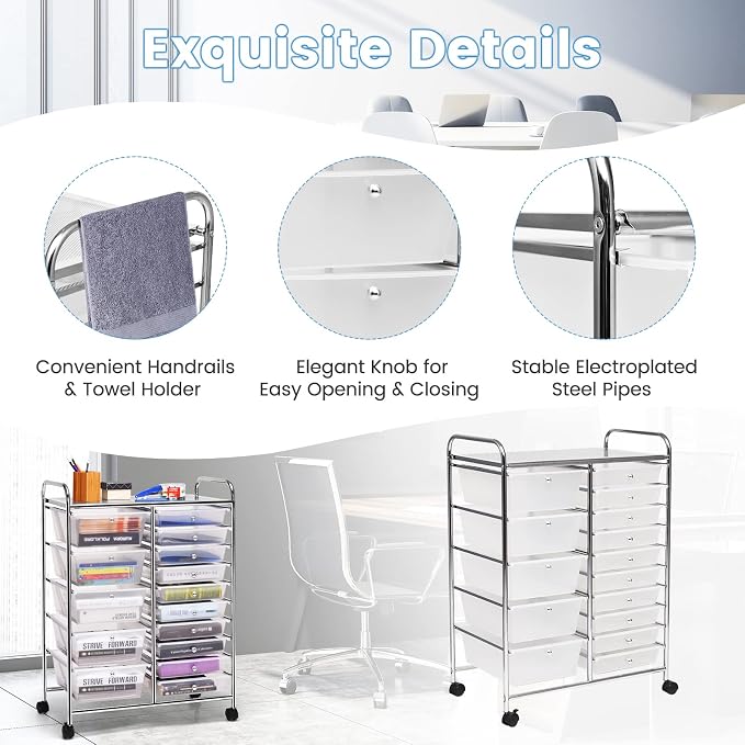 DREAMADE Rolling Cart with 15 Drawers, Clear Plastic Drawer Organizer w/Lockable Wheels, Removable & 2-Sized Storage Drawers, Art Cart for School Home Art Supplies Crafts File Scrapbook (Transparent) - Image 6
