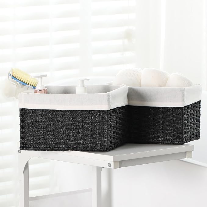 Storage Basket, 3-Pack Woven Paper Rope Wicker Baskets for Storage with Handles, 15 Inches Large Cube Storage Bins Woven Storage Baskets with Liners for Shelves Organizing & Decor, Black - Image 7