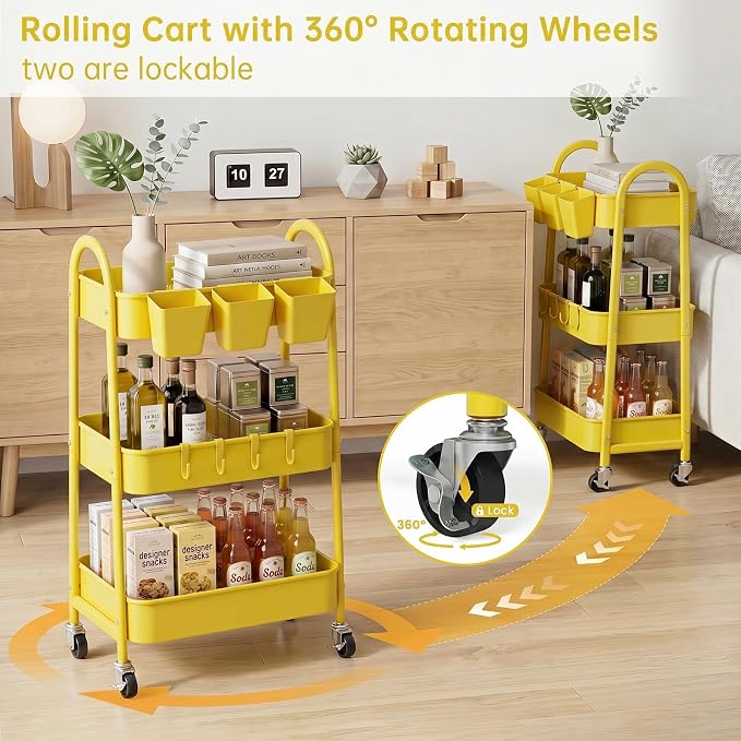 danpinera 3-Tier Rolling Cart, Utility Cart Mobile Metal Rolling Storage Cart with Lockable Wheels & Hanging Cups & Hooks for Kitchen, Bathroom, Office, Workshop, Yellow - Image 4