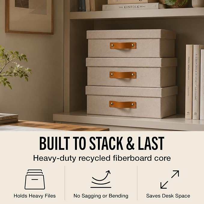 Bigso Oskar Fiberboard Document Storage Box with Lid for A4 and Letter Size Papers - Stylish, Sturdy, and Stackable Keepsake Box with Leather Handle - W10.2in x D13.8in x H3.3in - Pink Rose - Image 3
