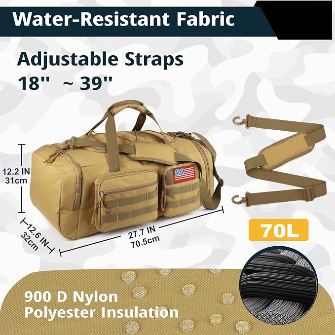 Tactical Gym Bag for Men,70L Large 3-in-1 Sports Duffle Bag for Travel Gym | Water Resistant ,Adjustable Shoulder Strap,MOLLE Weekender Overnight Bag with Shoes Compartment,Gym Backpack for Gym,Travel - Image 4