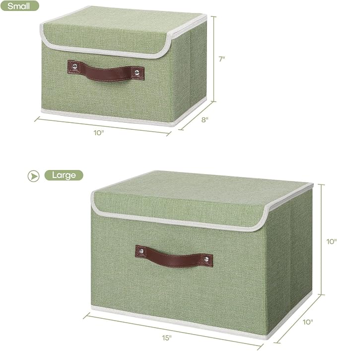 ANMINY Fabric Storage Box Bins with Lids, Green, 15"x10"x10" | Keepsake Memory Storage, Cotton Linen, PP Board Reinforced, Washable, PU Handles, Foldable & Stackable, Decorative, Large - Image 5