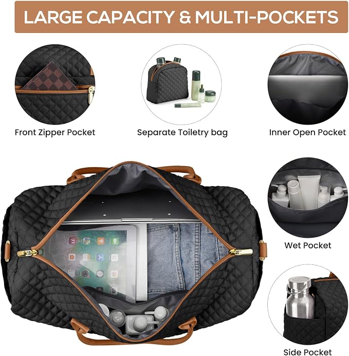Travel Weekender Duffle Bags for Women - Large Carry On Bag with Shoe Compartment Overnight Bag with Toiletry Bag Duffel Bags with Wet Pocket for Gym Hospital Bags for Labor and Delivery Black Brown - Image 2