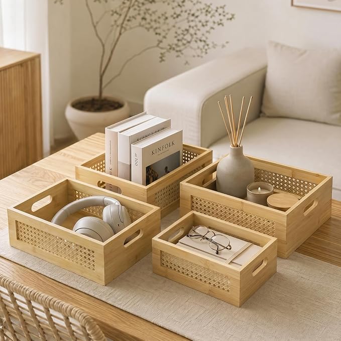 Rattan Wooden Box Set of 4 Handmade Decorative Storage Basket with Handles | Natural Bamboo Woven Storage Basket Rustic Farmhouse Decor Home Office Tabletop Shelf Drawer Closet Desk Organizer, Natural - Image 7