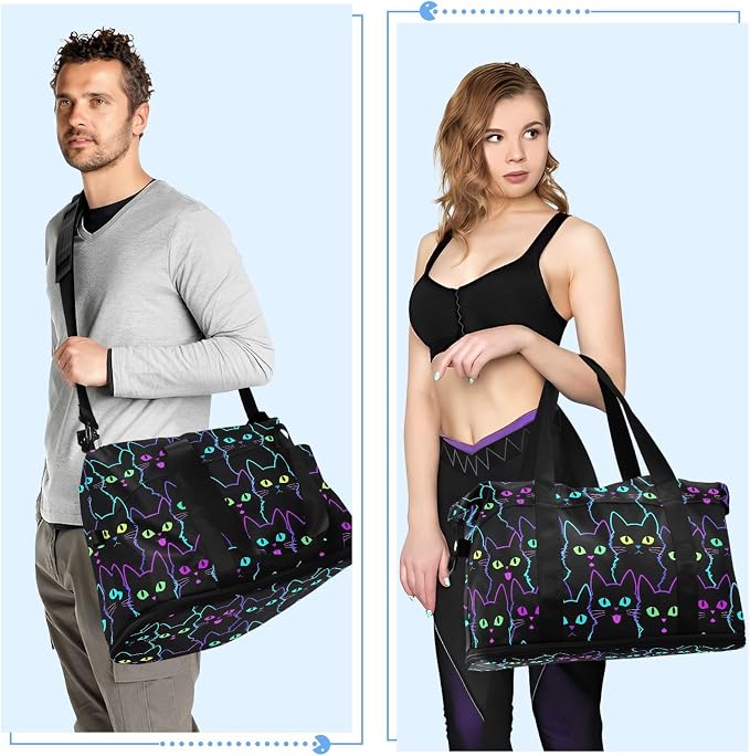 Travel Duffel Tote Colorful Neon Cat Sports Bag With Wet Pocket - Weekender Overnight for Women Men Gym, Carry On, Hospital for Labor and Delivery - Image 5