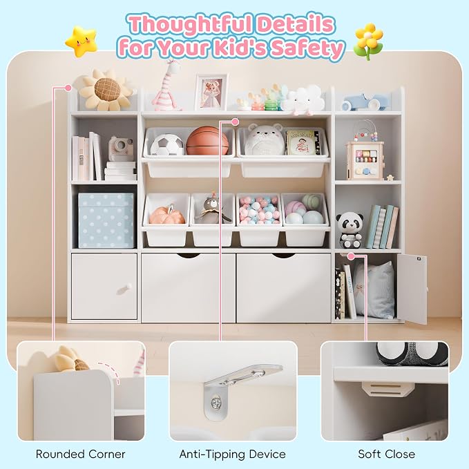 Xilingol Kids Toy Storage Organizer W/6 Removable Toy Bins, 4-Tier Toy Organizers W/6 Storage Cubbies and 2 Movable Drawers, Kid Bookshelf and Toy Storage for Playroom, Bedroom, Kids Room (White) - Image 6