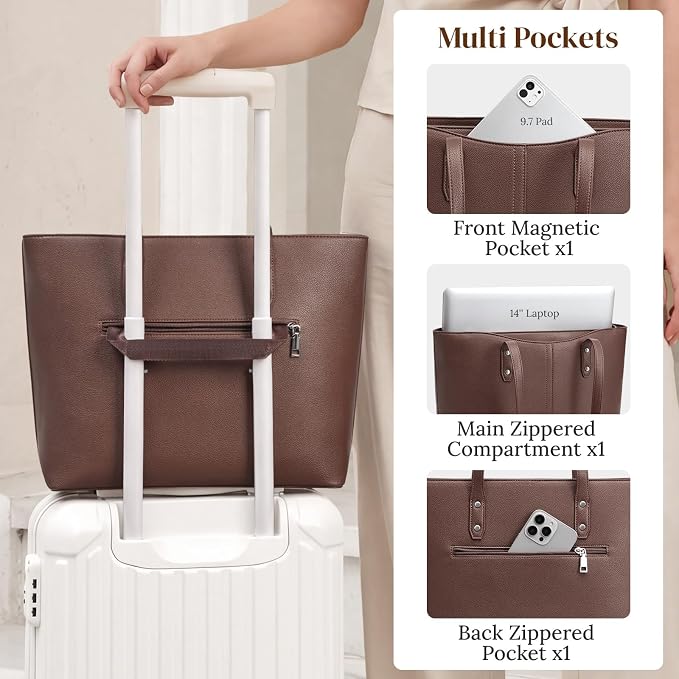 S-ZONE Tote Bag for Women Work Purses Handbags Luggage Strap Large Travel | Padded Laptop Compartment, Multi Pockets, Vegan Leather, Bottom Metal Rivet, Commuting Office Teacher - Image 5