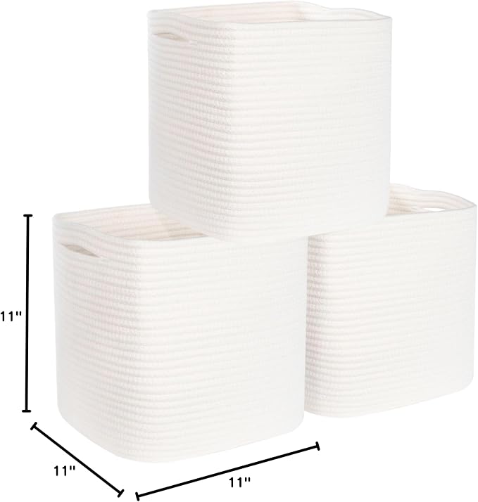 3-Pack 11x11in Woven Cube Storage Bin and Shelf Baskets, Cute Decorative Square Organizer for Closet, Classroom, Bathroom, Dog and Cat Toys, and Books, Creamy White - Image 9