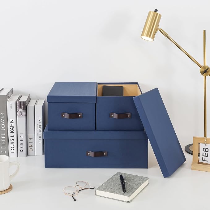 Soul & Lane - Decorative Storage Boxes with Handles, Set of 3, Navy | Sturdy Cardboard Photo Organizers with Lids for Office and Home, Blue Memory Storage Containers for Pictures and Papers - Image 6