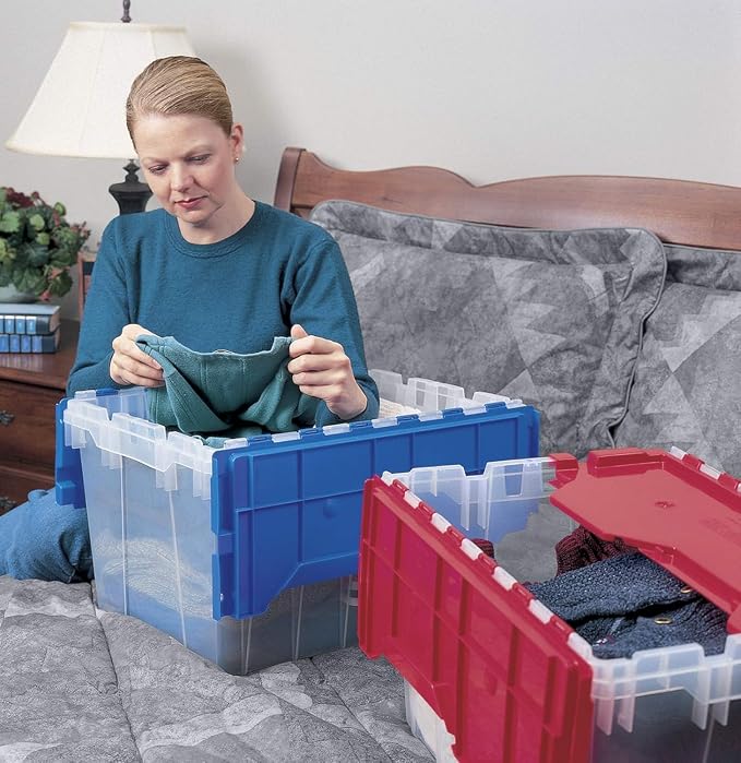 Akro-Mils KeepBox 12 Gallon Storage Container, Nesting and Stackable Plastic Storage Box with Lid Attached, Clear Tote for Garages, Closets, and Moving, 21-1/2" x 15" x 12-1/2", Clear/Red, 6-Pack - Image 2