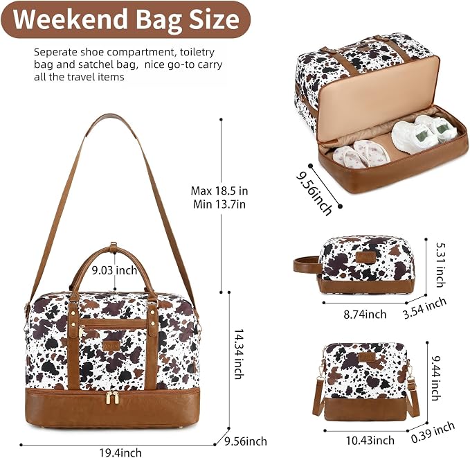 3PCS Weekender Bags for Women Large Overnight Bag, Brown Cow | Weekender Travel Duffel Bags Carry on Shoulder with Shoe Compartment Toiletry Bag Satchel Bag for Travelling Business Gym - Image 6