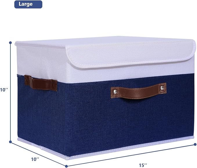 ANMINY Fabric Storage Box Bins with Lids, Blue White, 15"x10"x10", 4 Pack | Keepsake Memory Storage, Cotton Linen, PP Board Reinforced, Washable, PU Handles, Foldable & Stackable, Decorative, Large - Image 5
