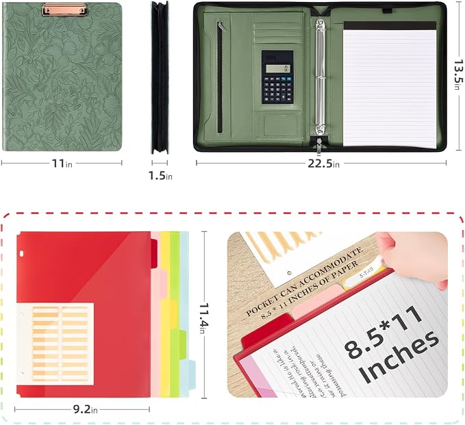Ospelelf Green Leather Portfolio Binder 3 Ring, Zippered Clipboard Folder with Storage - 5 Dividers with Pocket, Padfolio for Women,12.1” Tablet Sleeve, Refillable Notepad, Card Slot - Image 2