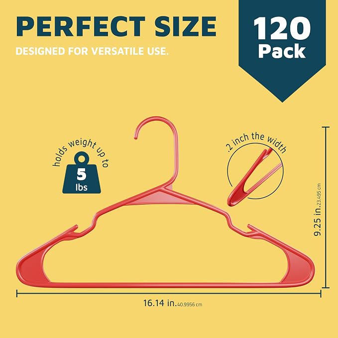 Lifemaster Plastic Clothes Hangers – Heavy Duty Hanger Set, for Organizing Clothes, Dresses, and Coat, Holds Up to 5 lbs, Space-Saving Hangers with Non-Slip Shoulder Grooves, Pack of 120, Red - Image 2