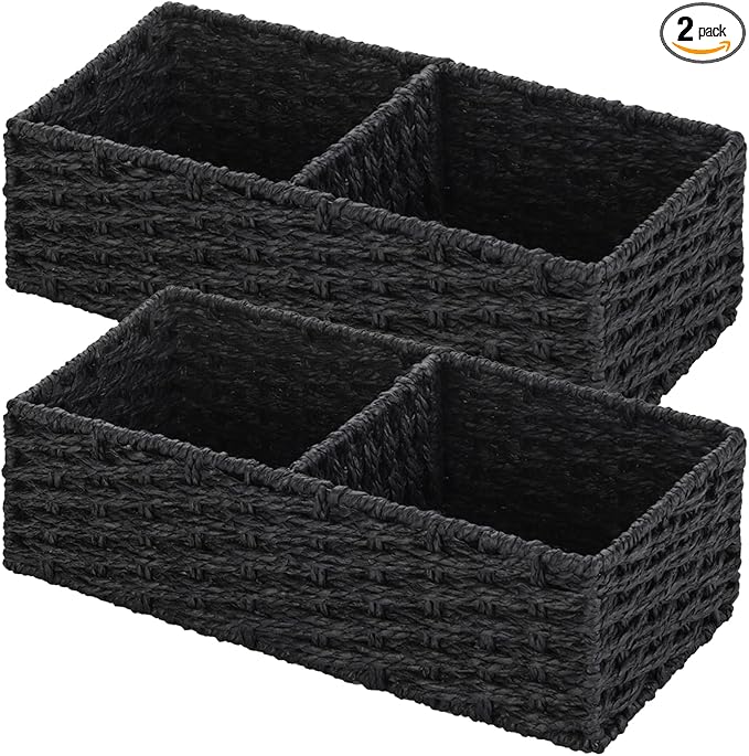 2 Section Wicker Storage Basket, Black Wicker Baskets, Toilet Tank Basket, Small Baskets for Organizing Storage Shelves, 2-Pack by Vagusicc