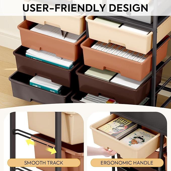 Rolling Storage Cart with 8 Large Drawers, Wooden Tabletop | Open Storage Shelves, Mobile Craft Organizer with Lockable Wheels for Home, Classroom, Office Supplies & Art Studio,Brown - Image 5