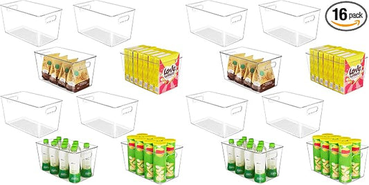 YIHONG Clear Plastic Storage Bins, 16 Pack Pantry Organizer Bins with Handle for Kitchen, Freezer,Cabinet,Closet Organization and Storage(XL) by YIHONG