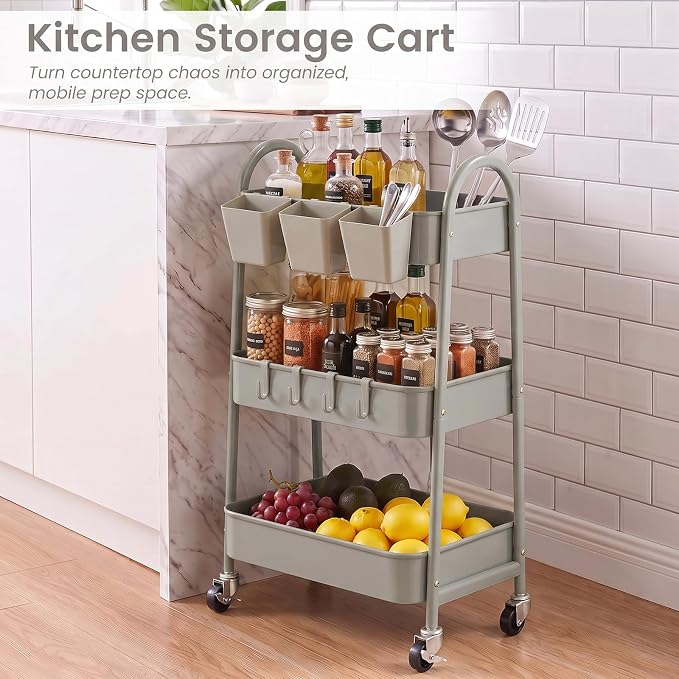 danpinera 3-Tier Rolling Cart, Metal Rolling Storage Cart with Lockable Wheels & Hanging Cups & Hooks, Mobile Trolley Cart for Kitchen, Bathroom, Office, Workshop, Gray - Image 7