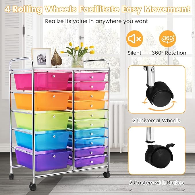 15 Drawer Rolling Storage Cart, Rolling Cart with Drawers for Classroom, Art Supply Craft Organizer on Wheel with Metal Frame & Handles for Home Office School - Image 6