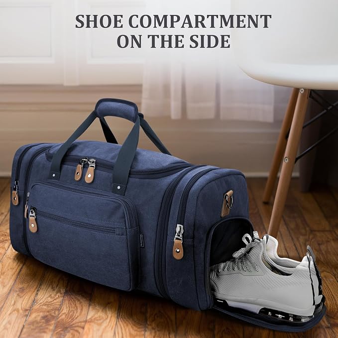 Gonex Canvas Duffle Bag, Expandable 60L Travel Overnight Weekender Bag | for Men, with Shoe Compartment, Multiple Pockets, Tear-Resistant, Durable Zippers, Detachable Strap, Blue - Image 3