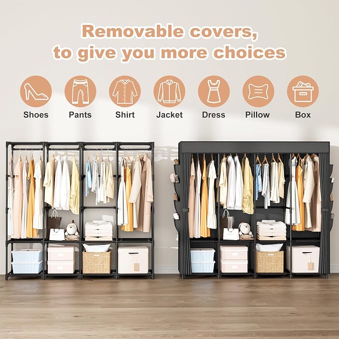 Portable Closet for Hanging Clothes, 67 Inch Wide Portable Wardrobe Closet with Cover, 4 Hanging Rod, Storage Shelves and Side Pockets, Large Free Standing Closet for Bedroom, Black - Image 4