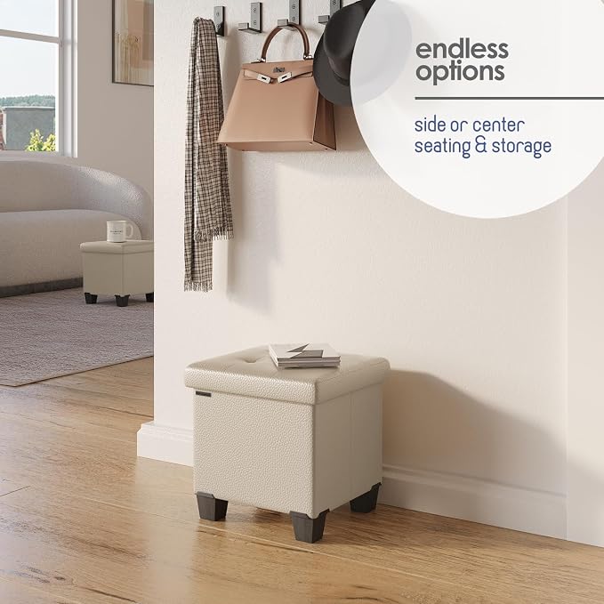 Storage Ottoman Cube with Small Bin, 15-in Square Ottoman with Storage for Living Room and Bedroom, Small Ottomans Foot Rest, Leather Foot Stools Ottomans Max 330lbs, Beige - Image 6
