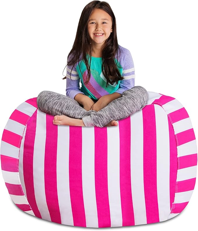 Posh Stuffable Kids Stuffed Animal Storage Bean Bag Chair Cover - Childrens Toy Organizer, X-Large 48" - Canvas Stripes Pink and White by PoshCreations