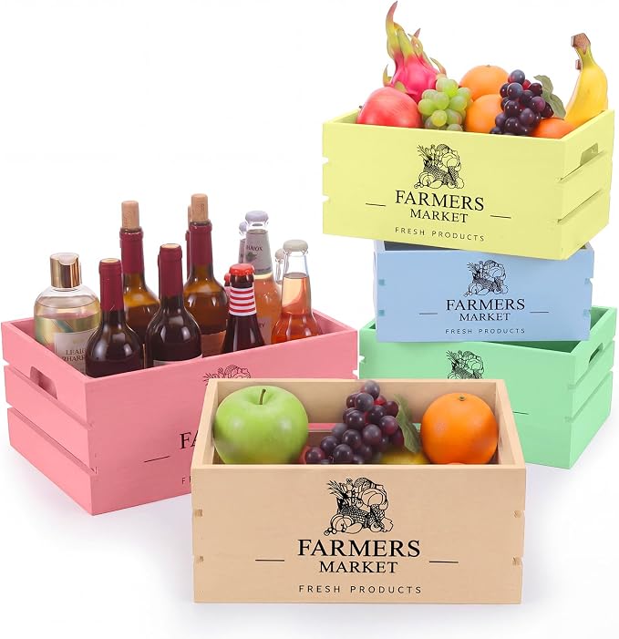 Barydat Set of 5 Wood Crates for Display Decorative Nesting Wooden Crate Storage with Handles Vintage Farmhouse Style Decorative Boxes Multipurpose Fruits Vegetables Boxes (Pastel,Elegant) - Image 4