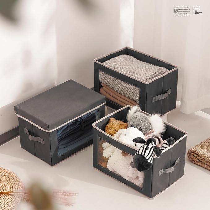 Storage Bins with Lids - Fabric Storage Boxe with Window, Collapsible Closet Organizers with Handles, 9 Pack Decorative Bin, Home Cubes Baskets for Clothes, Hat, Books, Dark Grey - Image 5