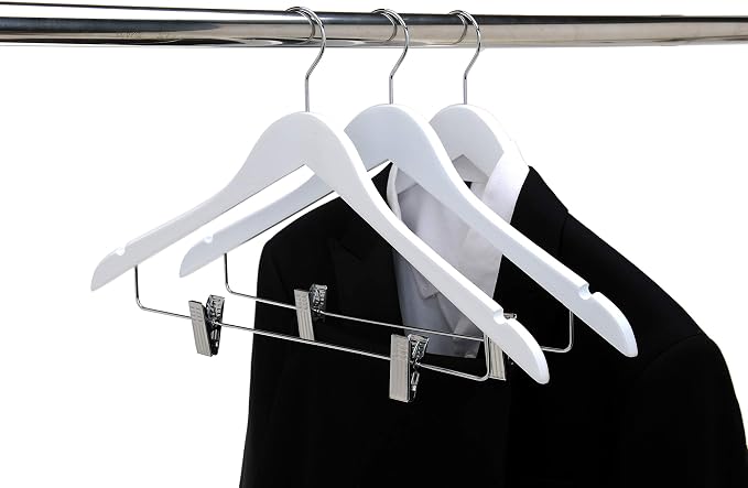 Quality Wooden Skirt Hangers with Clips, 10-Pack Smooth Solid Wood Pants Hangers with Durable Adjustable Metal Clips, Swivel Hook, Coat, Jacket, Blouse Suit Hangers (White, 10) - Image 4