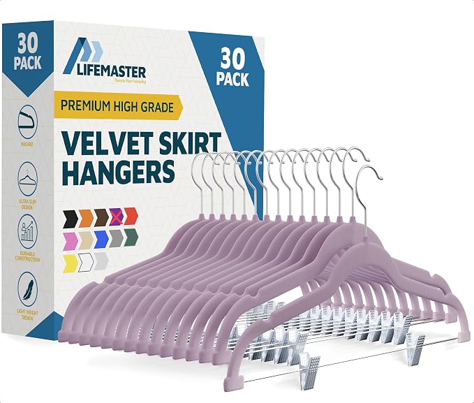 Lifemaster Velvet Skirt Hangers – with Adjustable Clips, 360 Degree Swivel Hook, and Non-Slip Shoulder Notch, Holds Up to 10 lbs, for Organizing Skirt, Pants, Dress, and Clothes, Pack of 30, Purple by LIFEMASTER