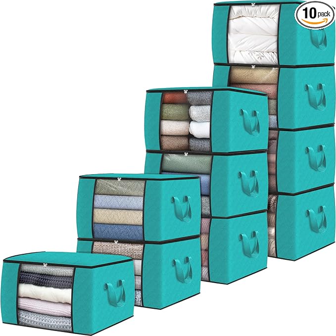 10 Pack Storage Bags for Clothes Blanket Storage Bins with Lids | Foldable Closet Organizers with Zippers,Window and Handles,Fabric Storage Bins for Sweater,Comforter,Bedding,Dorm essentials by Fabtotes