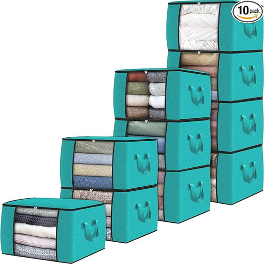 10 Pack Storage Bags for Clothes Blanket Storage Bins with Lids | Foldable Closet Organizers with Zippers,Window and Handles,Fabric Storage Bins for Sweater,Comforter,Bedding,Dorm essentials by Fabtotes
