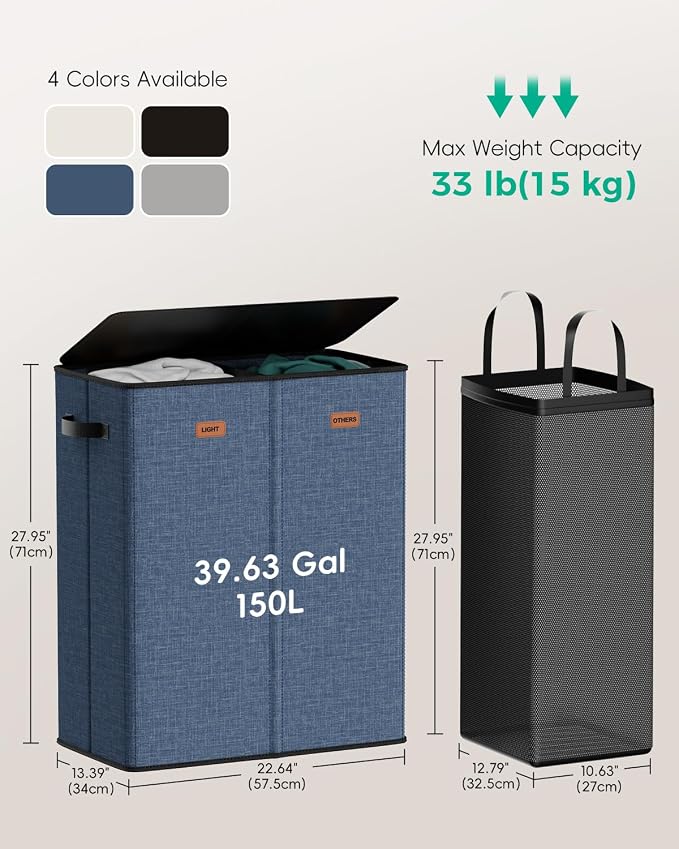 150L 2-Section Laundry Hamper with Lid – Removable Bag, Double Compartment Clothes Hamper for Bathroom, Bedroom, Dorm & Laundry Room - Image 3