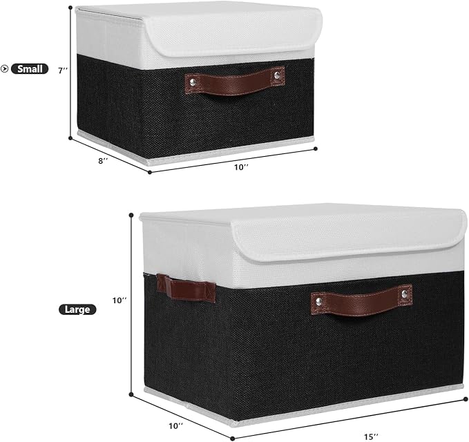ANMINY Fabric Storage Box Bins with Lids, Black White, 10"x8"x7", 2 Pack | Keepsake Memory Storage, Cotton Linen, PP Board Reinforced, Washable, PU Handles, Foldable & Stackable, Decorative, Small - Image 5