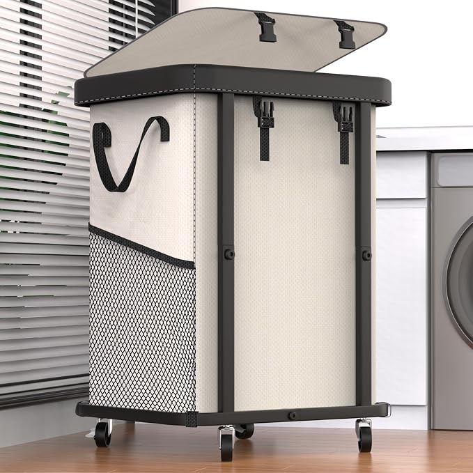 Laundry Basket with Wheels,150L Leather Patchwork Rolling Hamper Carts | Sturdy Metal Frame, Removable Washable Bag, Tall Clothes Sorter for Bedroom, Laundry Room - Beige by Unlockyourhomestoragelife