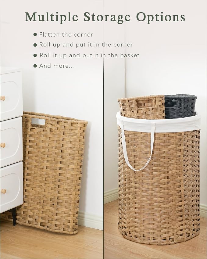 SETVSON Laundry Hamper with Lid 23.8 Gal (90 L) PE Rattan, Natural | 90L 23.8 Gal Round PE Rattan Hamper with Lid, Removable Washable Liner Bag, 2 Mesh Wash Bags, Steel Frame, Handles - Image 5