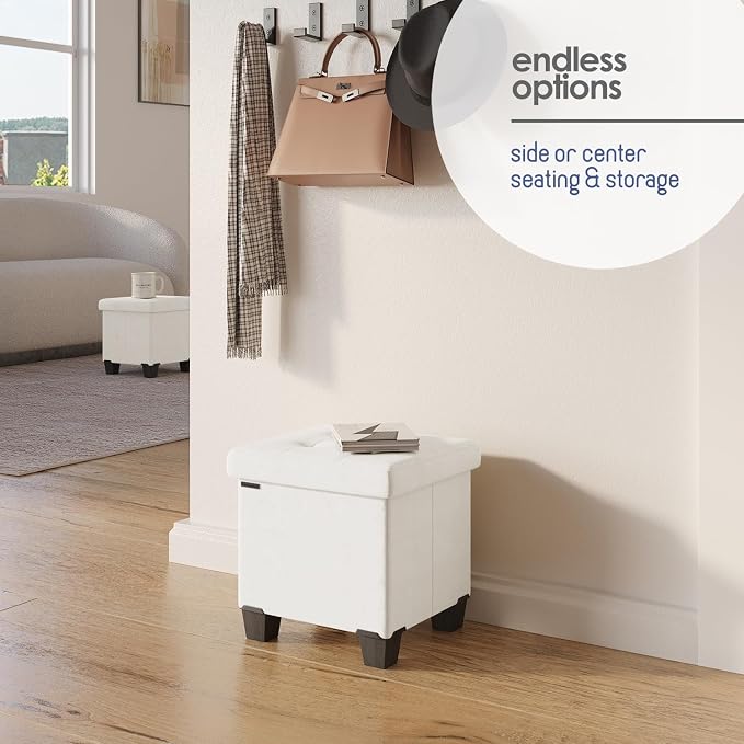 Storage Ottoman Cube with Small Bin, 15-in Square Ottoman with Storage for Living Room and Bedroom, Small Ottomans Foot Rest, Velvet Foot Stools Ottomans Max 330lbs, Cream - Image 7