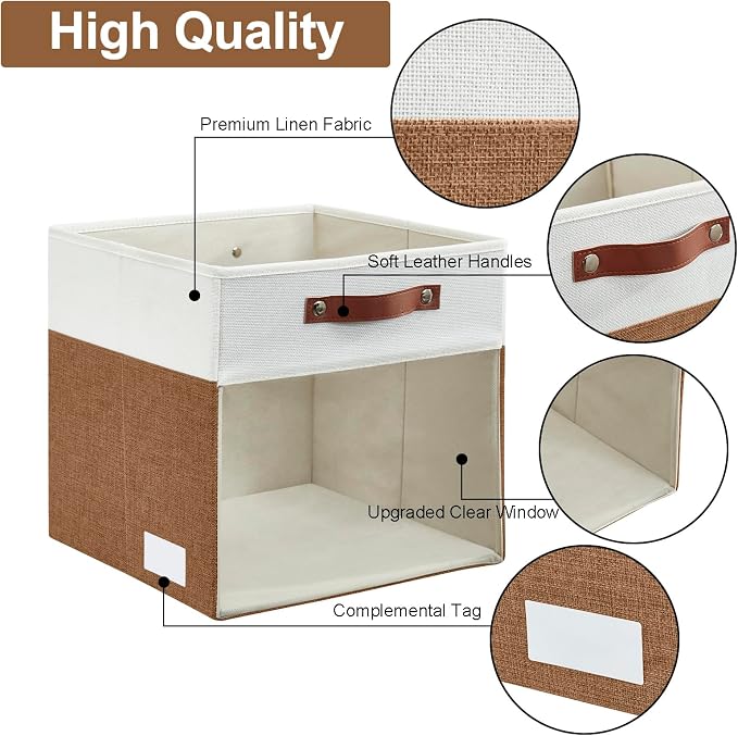 Storage Cubes, 4 Pack Linen Foldable Storage Bins (13 x 13 inch) with Clear Window and Handles, Fabric Organizer for Shelf Closet, Clothes, Books - (Brown and White) - Image 4