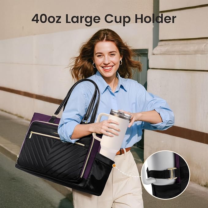 LOVEVOOK Tote Bag, Laptop Bag for Women with Large Cup Holder, Work Teacher Tote Bag with Large Cup Holder, Nurse Diaper Bag for Travel, Women's Handbags for Teacher gift, Black-Purple, 15.6 Inch - Image 3
