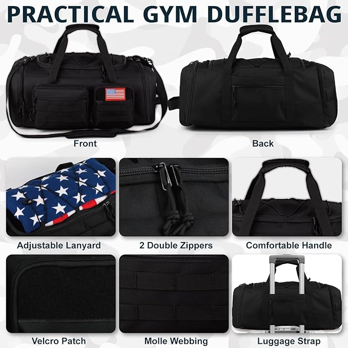 Tactical Gym Bag for Men,70L Large 3-in-1 Sports Duffle Bag for Travel Gym | Water Resistant ,Adjustable Shoulder Strap,MOLLE Weekender Overnight Bag with Shoes Compartment,Gym Backpack for Gym,Travel - Image 6