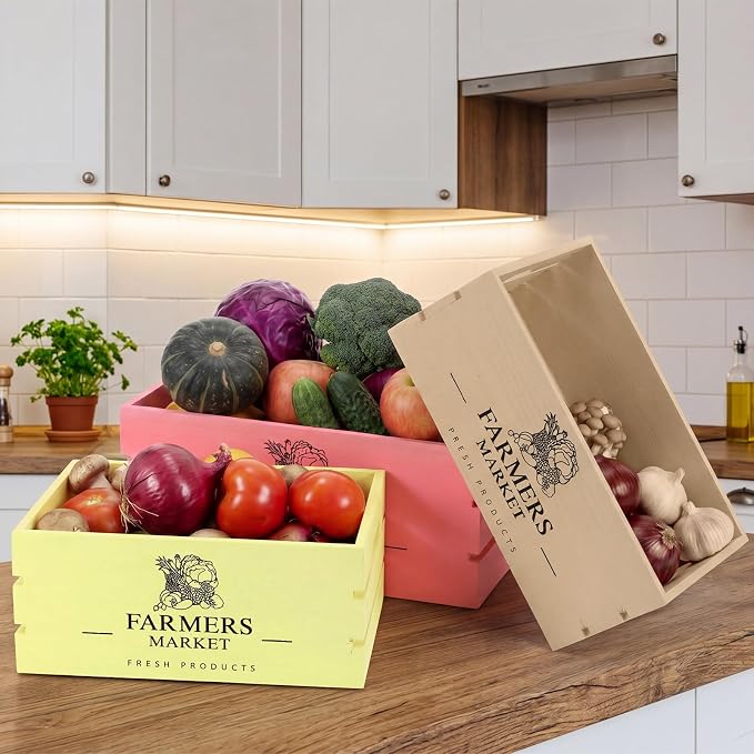 Barydat Set of 5 Wood Crates for Display Decorative Nesting Wooden Crate Storage with Handles Vintage Farmhouse Style Decorative Boxes Multipurpose Fruits Vegetables Boxes (Pastel,Elegant) - Image 8