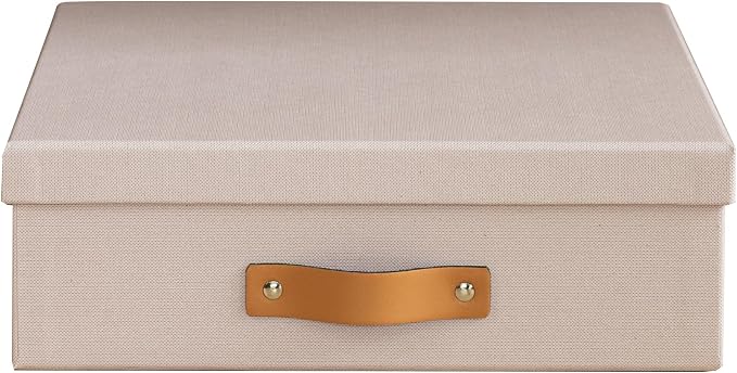 Bigso Oskar Fiberboard Document Storage Box with Lid for A4 and Letter Size Papers - Stylish, Sturdy, and Stackable Keepsake Box with Leather Handle - W10.2in x D13.8in x H3.3in - Pink Rose by Bigso