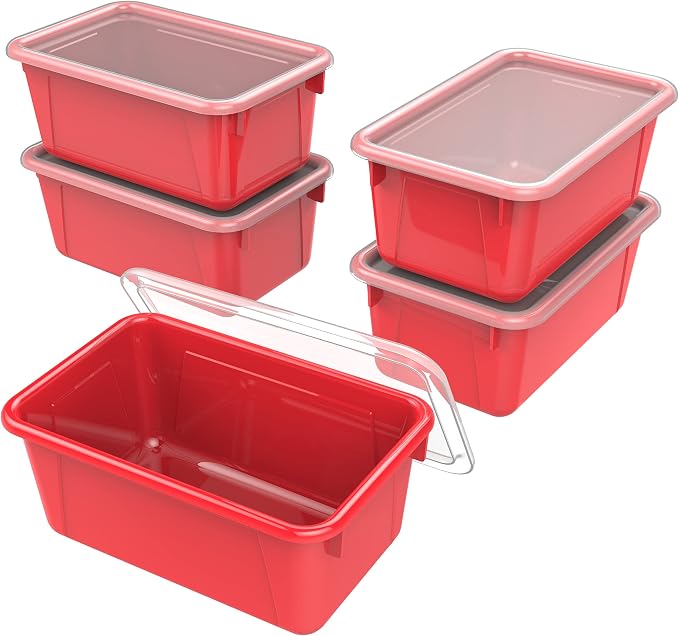 Storex Small Cubby Bins – Plastic Storage Containers for Classroom with Non-Snap Lid, 12.2 x 7.8 x 5.1 inches, Red, (62407U05C) (Pack of 5) by Storex