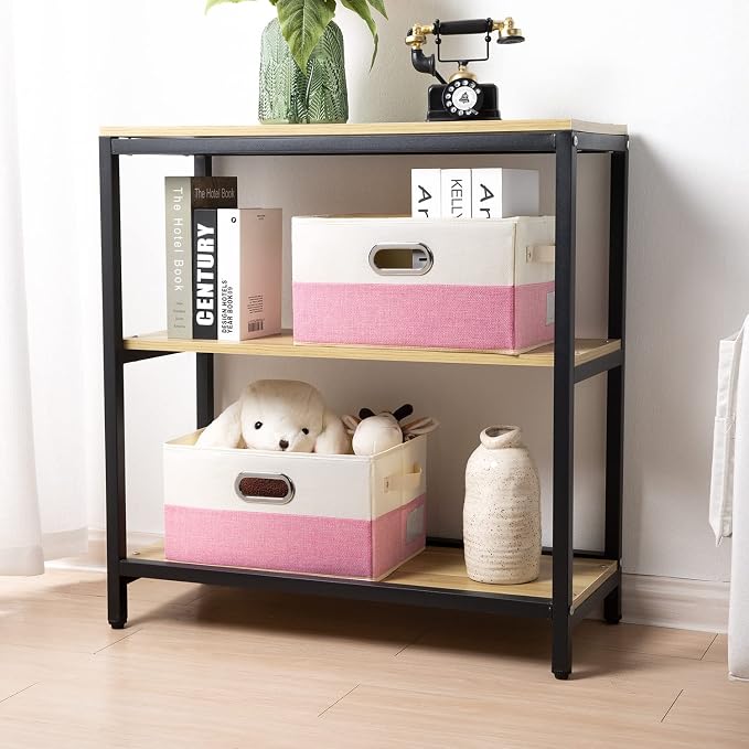 Large Collapsible Storage Baskets for Closet [3-pack] Decorative Fabric Storage Bins Cubes with Leather/Metal Handles for Shelves Bedroom Living Room Pink&Cream (14.9x9.8x8.3 Inch) - Image 2
