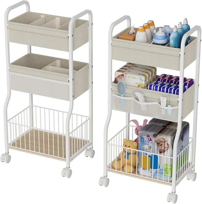 3-tier Baby Diaper Caddy Organizer and Storage Cart with 4+3 Dividers, Metal Utility Cart with Lockable Wheels for Nursery, Bedroom, Bathroom, White by NEYCIL