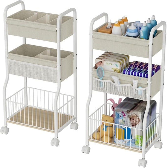 3-tier Baby Diaper Caddy Organizer and Storage Cart with 4+3 Dividers, Metal Utility Cart with Lockable Wheels for Nursery, Bedroom, Bathroom, White by NEYCIL