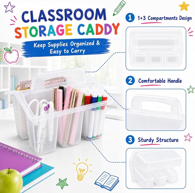 8 Pack Classroom Caddy Storage Basket with Handle 4 Compartment Storage Caddy Plastic Arts Crafts Caddies Protable Classroom Craft Caddies for Students Schools Art Craft Supplies(Clear) - Image 3