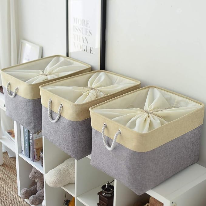 Storage Bins Baskets for Organizing - Extra Jumbo 3 Pack 20.5Lx15.7Wx13.8H Sturdy Fabric Storage Basket for Shelves, Decorative Foldable Closet Nursery Toy (Gold&Grey) - Image 2