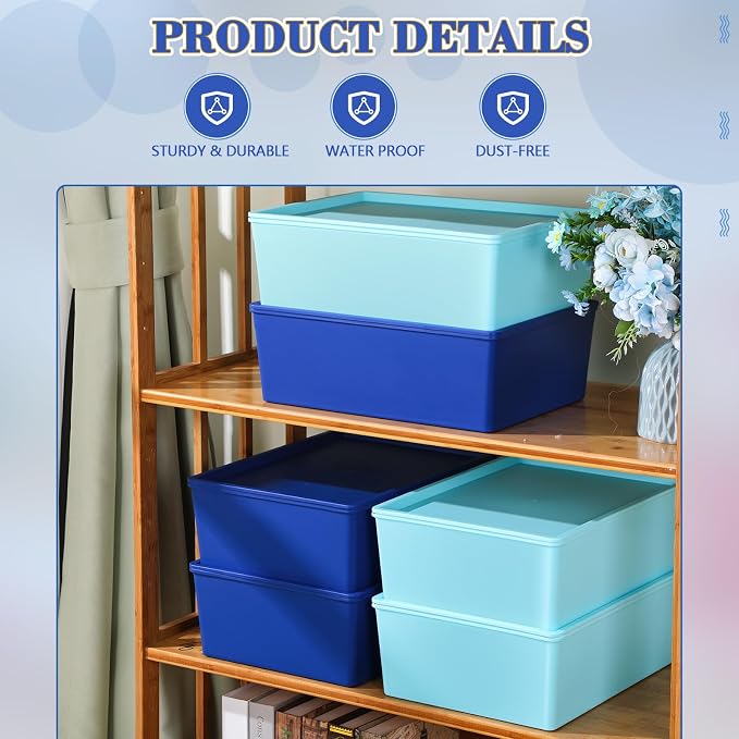 6 Pcs Large Plastic Storage Bins with Lids, Blue | 14.4 x 10.4 x 5.1 Inch, Stackable Storage Containers, Decorative Cubby Organizer for Clothes Shelves Garage Closet Office - Image 3